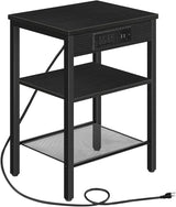 Black Nightstand, Bedside Table with Charging Station, Small End Table with USB Ports