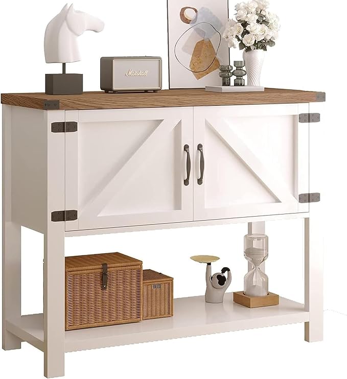 Farmhouse Coffee Bar Cabinet, White Entryway Table with Storage,