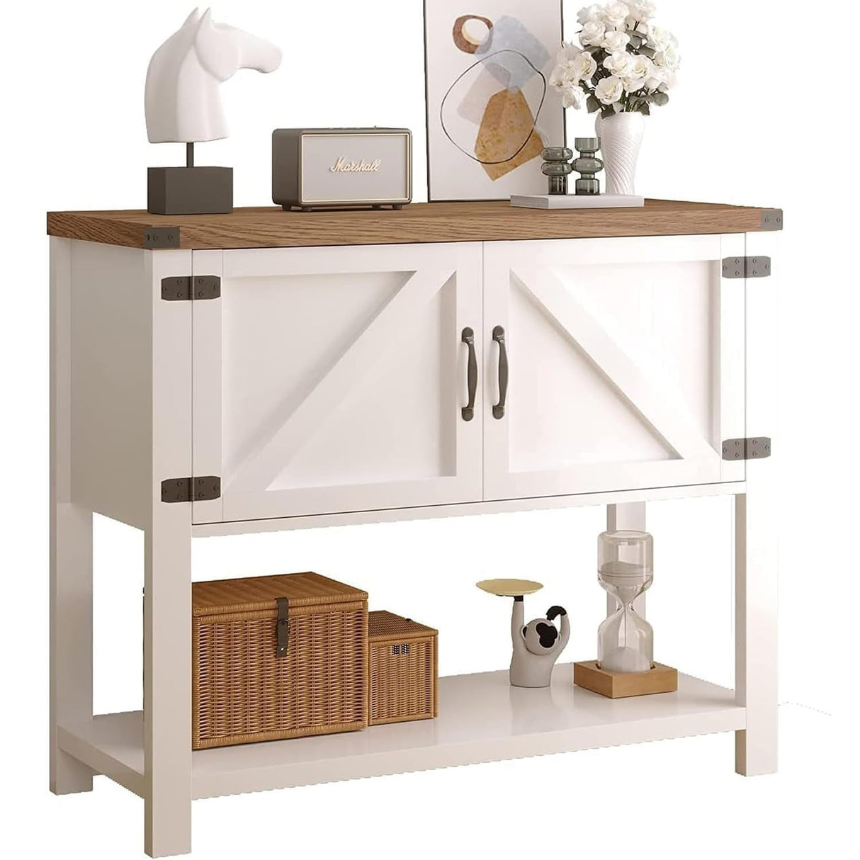 Farmhouse Coffee Bar Cabinet, White Entryway Table with Storage,