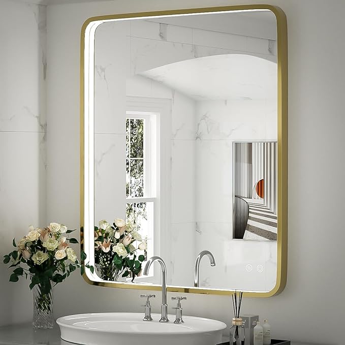 36x24 Inch LED Bathroom Mirror with Lights, Black Metal Frame Mirror