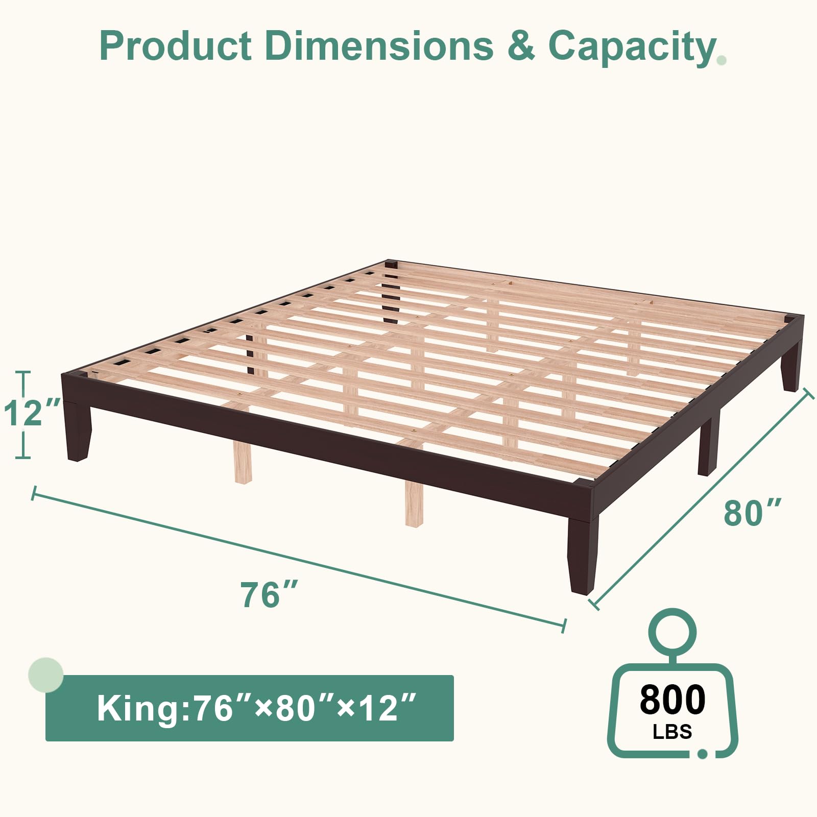 King Wood Platform Bed Frame with Slats - Cherry Finish