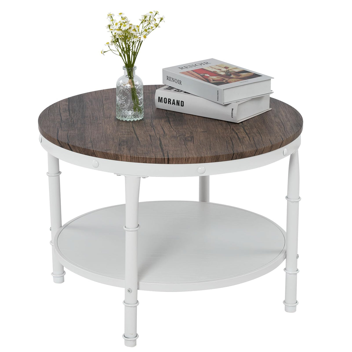 25.6" Dark Walnut White Round Farmhouse Coffee Table, 2-Tier Storage Wood Center