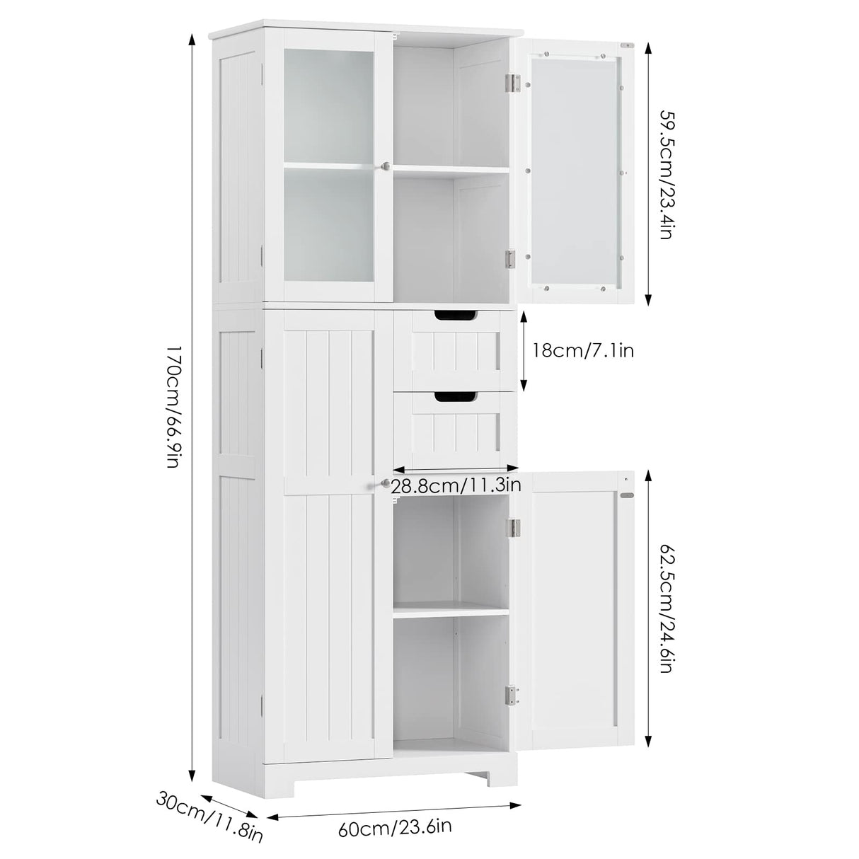 67'' Tall Storage Cabinet, Bathroom Storage Cabinet with Glass Doors and Shelves,