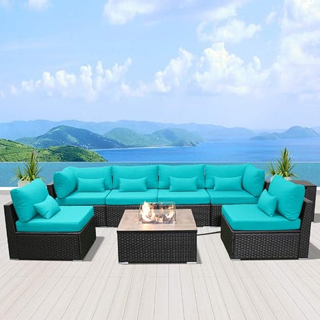 Sectional Sofa with Gas/Propane Fire Pit Table Outdoor Patio Furniture Sets