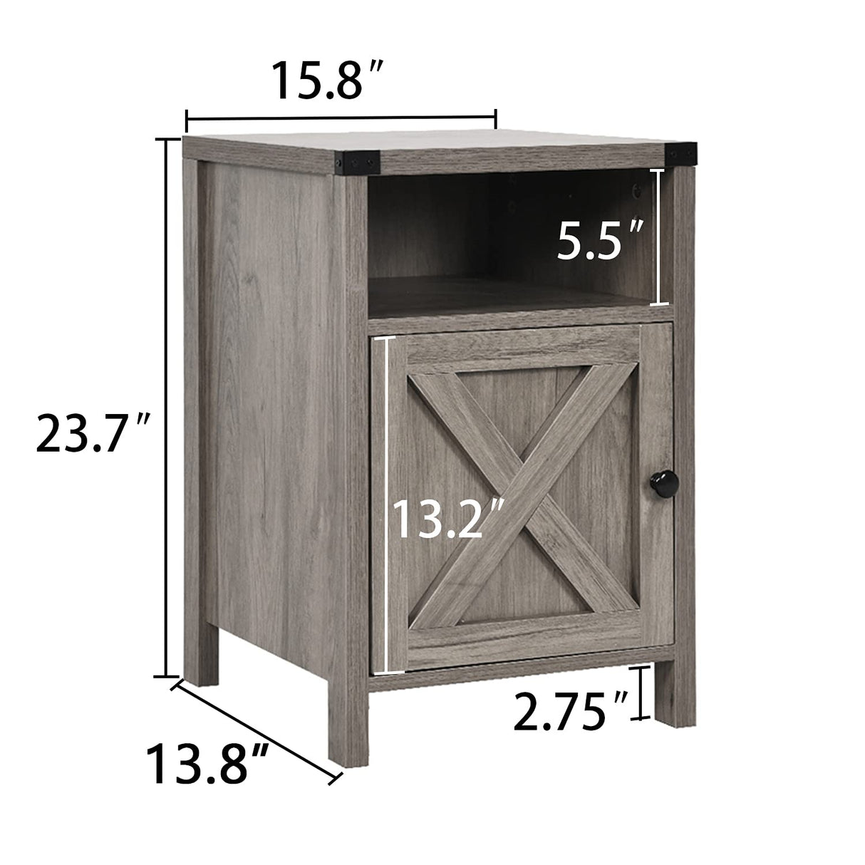 Farmhouse Nightstand, End Table, End Tables with Barn Door and Shelf, Modern Bed Side Table Rustic Gray Nightstands Set for Bedroom, Living Room, Set of 2, Gray Wash