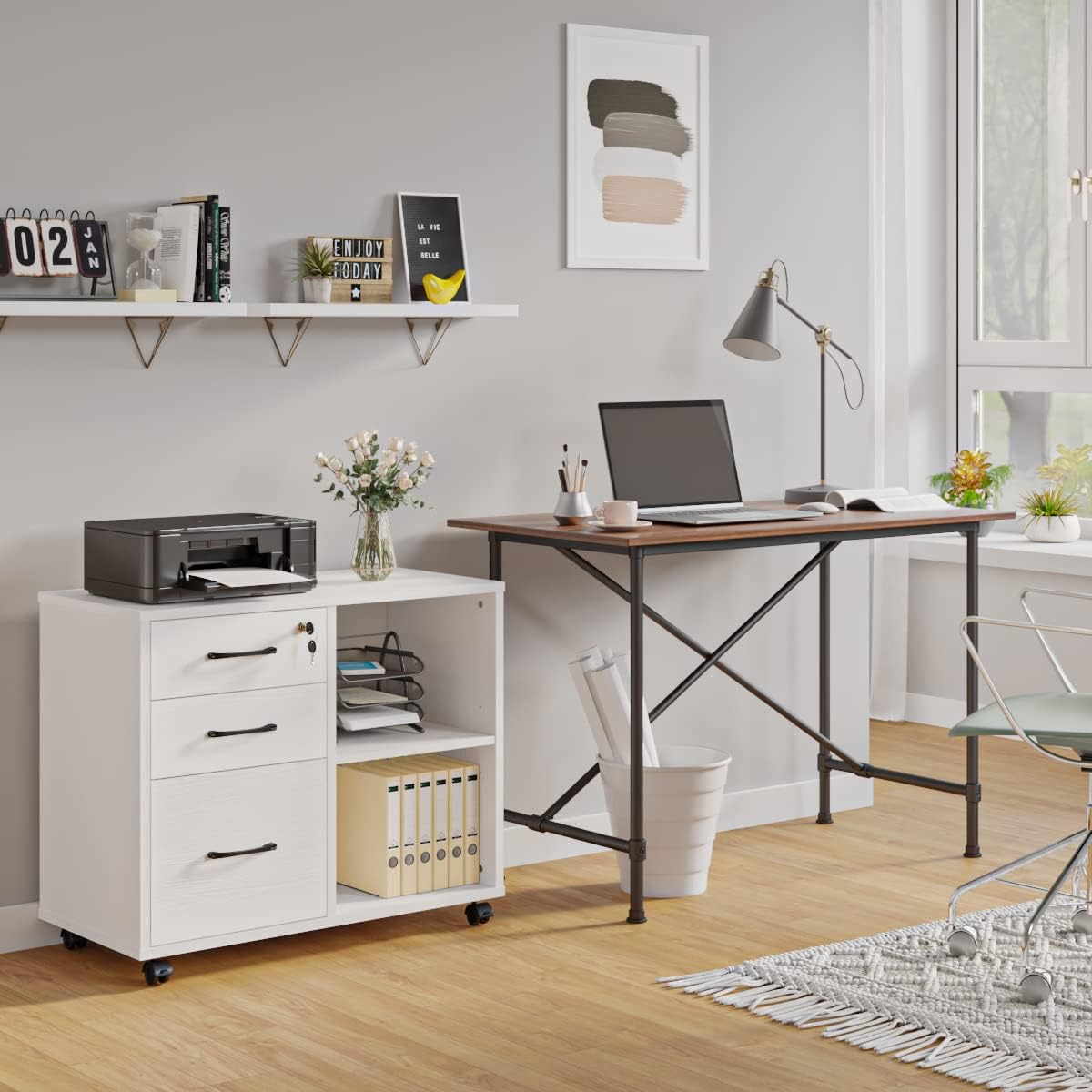 3 Drawer File Cabinets, Mobile Lateral Printer Stand with Open Shelf, Rolling Filing Cabinet