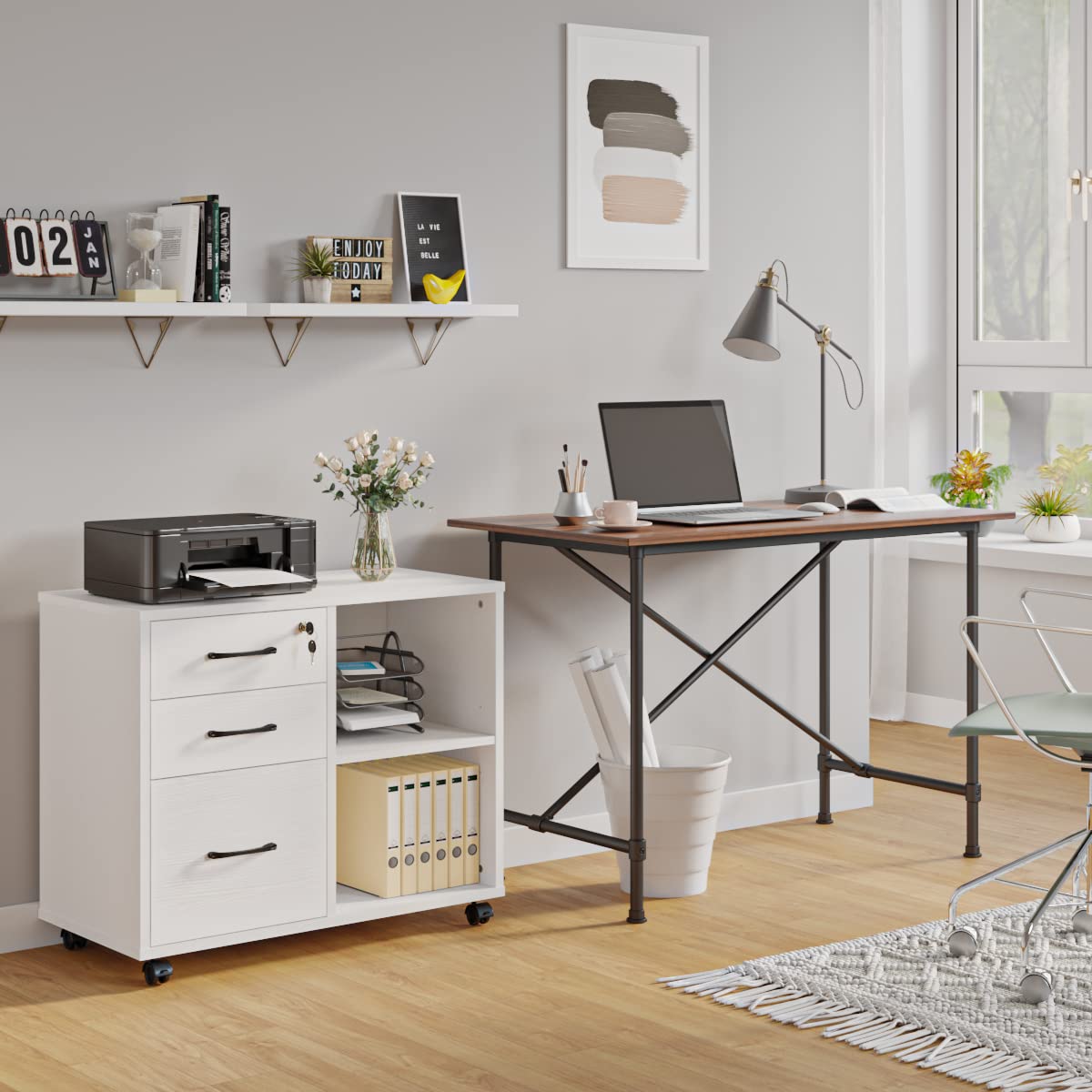 3 Drawer File Cabinets, Mobile Lateral Printer Stand with Open Shelf, Rolling Filing Cabinet