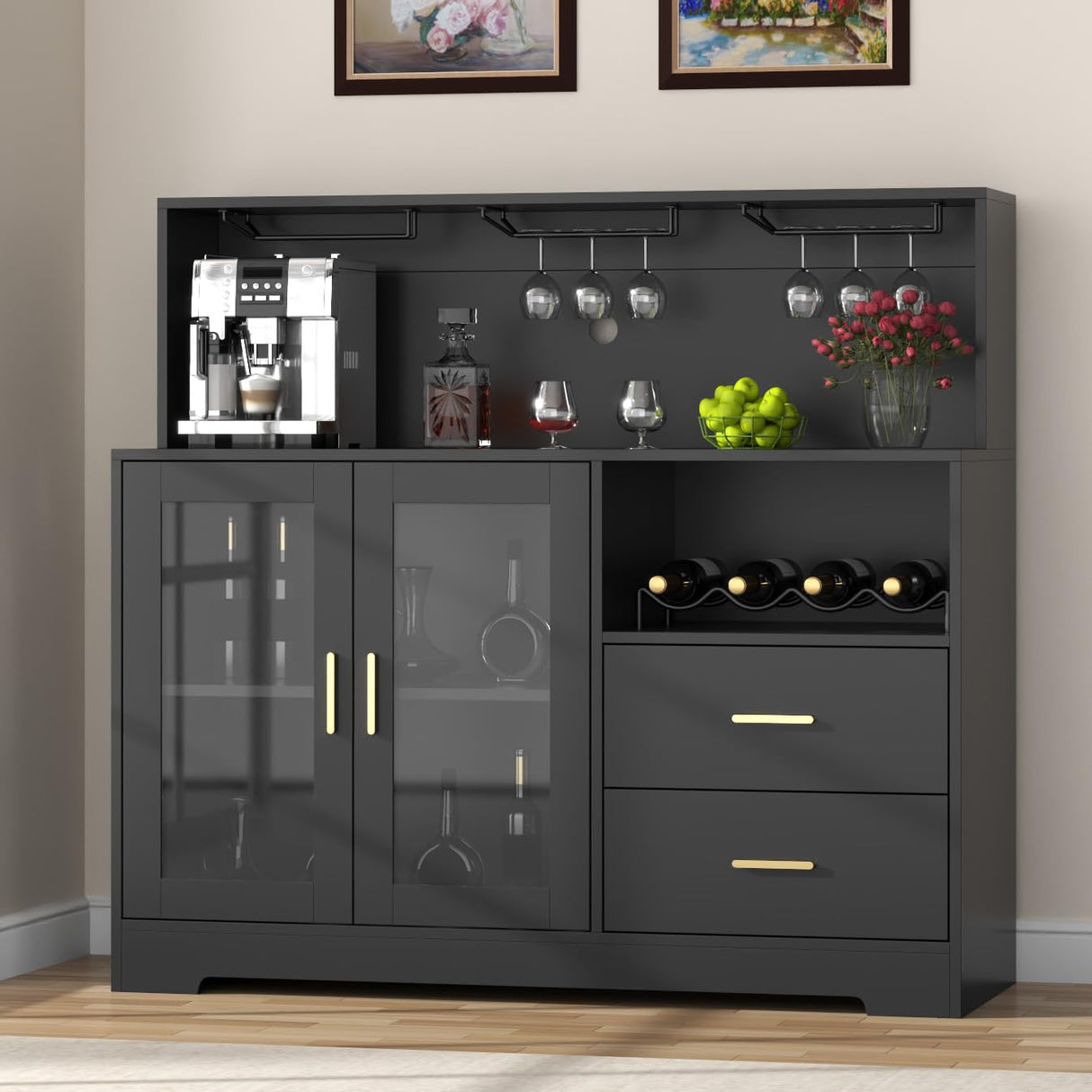 Wine Bar Cabinet with LED Light, Home Coffee Cabinet with Wine and Glass Rack