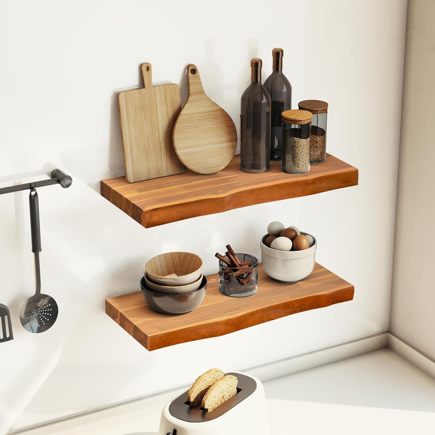 Live Edge Floating Shelves Set of 2 - Solid Wood Floating Shelves for Wall