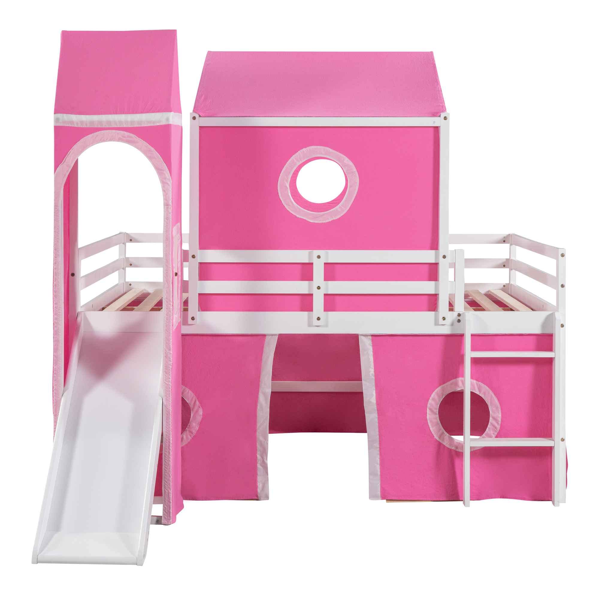 Full Size Bunk Bed with Slide and Tent, House Shaped Loft Bedframe w/Curtains