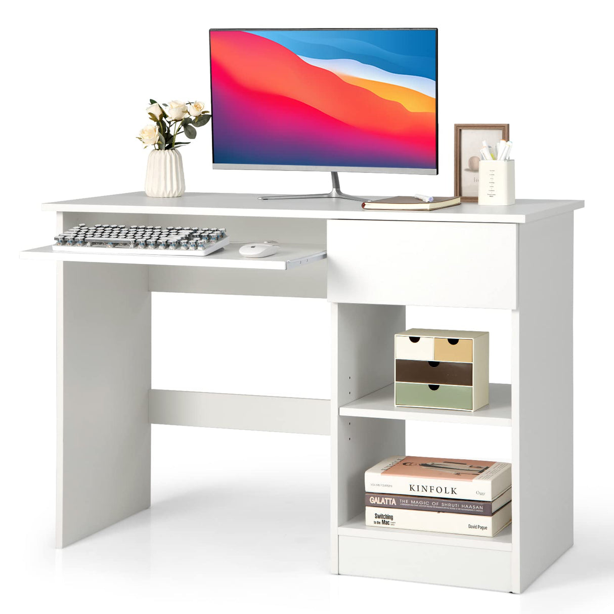 Office Desk with Drawer, Wooden Storage Computer Desk with Keyboard Tray & Adjustable Shelves, Executive Table Makeup Vanity Table Desk for Bedroom, Small Space, White