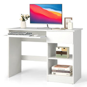 Office Desk with Drawer, Wooden Storage Computer Desk with Keyboard Tray & Adjustable Shelves, Executive Table Makeup Vanity Table Desk for Bedroom, Small Space, White