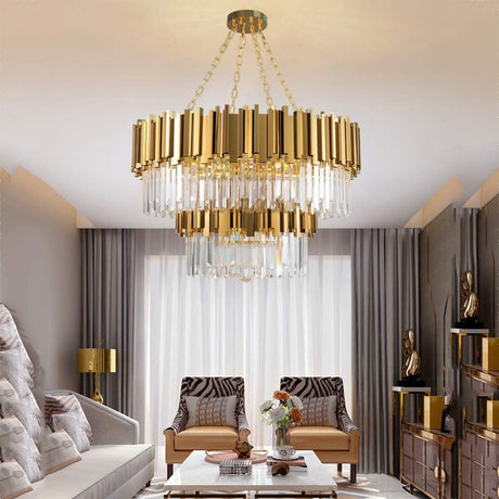 Gold Double Round Crystal Chandelier, Adjustable Golden Ceiling Light 13 Lights Modern