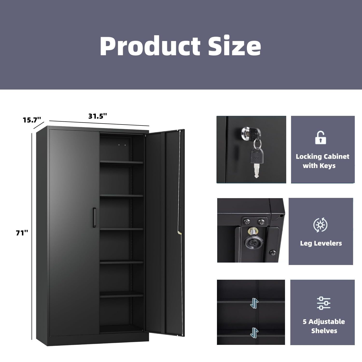 Metal Storage Cabinet with 5 Adjustable Shelves, Pantry Cabinet with 2 doors