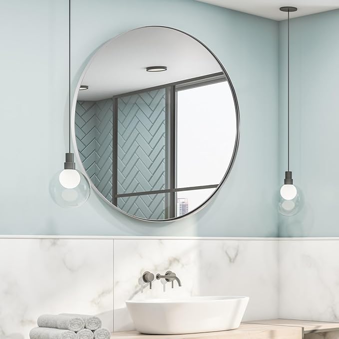 Round Bathroom Mirror, 24’’ Brushed Silver Round Bathroom Mirrors in Stainless Steel