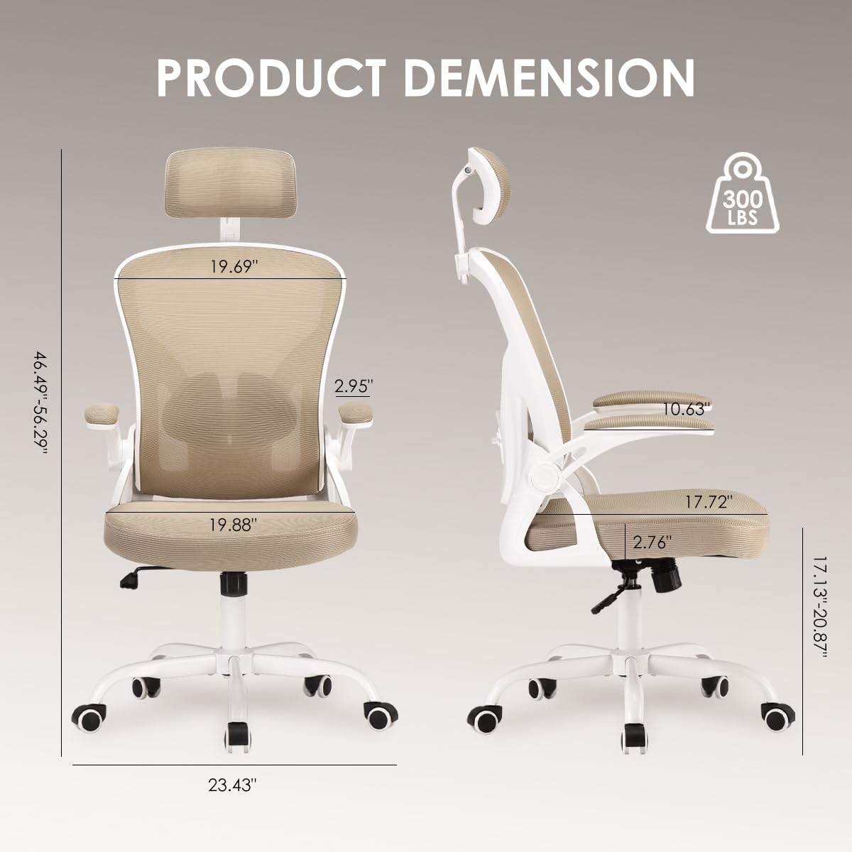 Office Chair, Home Office Desk Chair with Headrest, High Back Computer Chair with Flip-up Armrests and Adjustable Lumbar Support for Home Office Study Bedroom, Khaki.