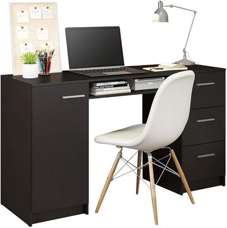 Computer Desk with 3 Drawers, 1 Door and 1 Storage Shelf, Wood Writing Home Office Workstation,