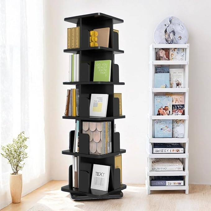 White Rotating Bookshelf, 360 Display 5 Tier Rotating Bookshelf Tower, Floor Standing