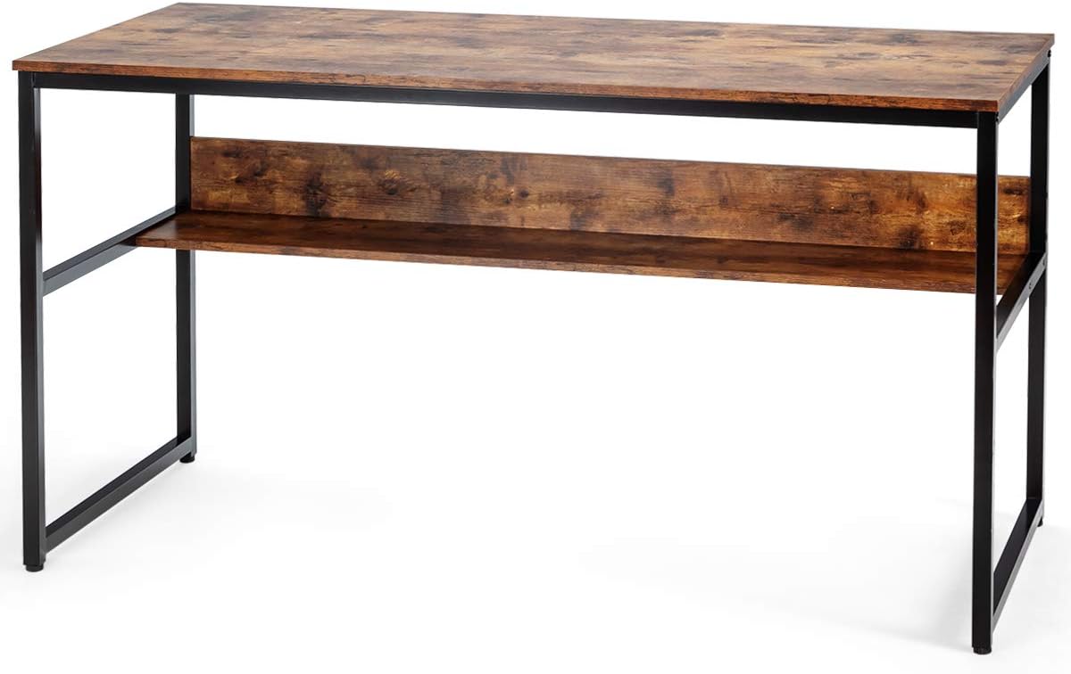 55 Inches Computer Desk with Bookshelf, Study Writing Table w/Storage Shelf & Sturdy Metal Frame