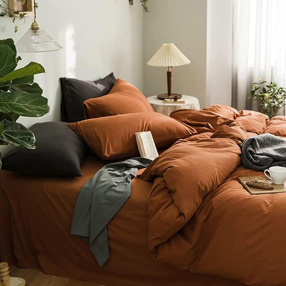 Duvet Cover Set Queen Size Burnt Orange Duvet Cover 3 Pcs Soft Microfiber Fall