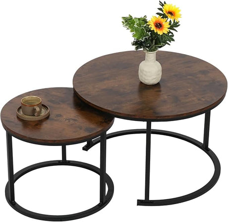 Round Modern Nesting Coffee Table Set of 2,Waterproof Faux Marble Wood Top