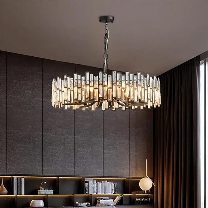 Black Chandelier,Crystal Round 10-Light Adjustable Height Chandelier Lighting Fixture