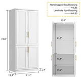 White Wardrobe Armoire with 4 Doors, 3-Tier Shelves & Hanging Rod