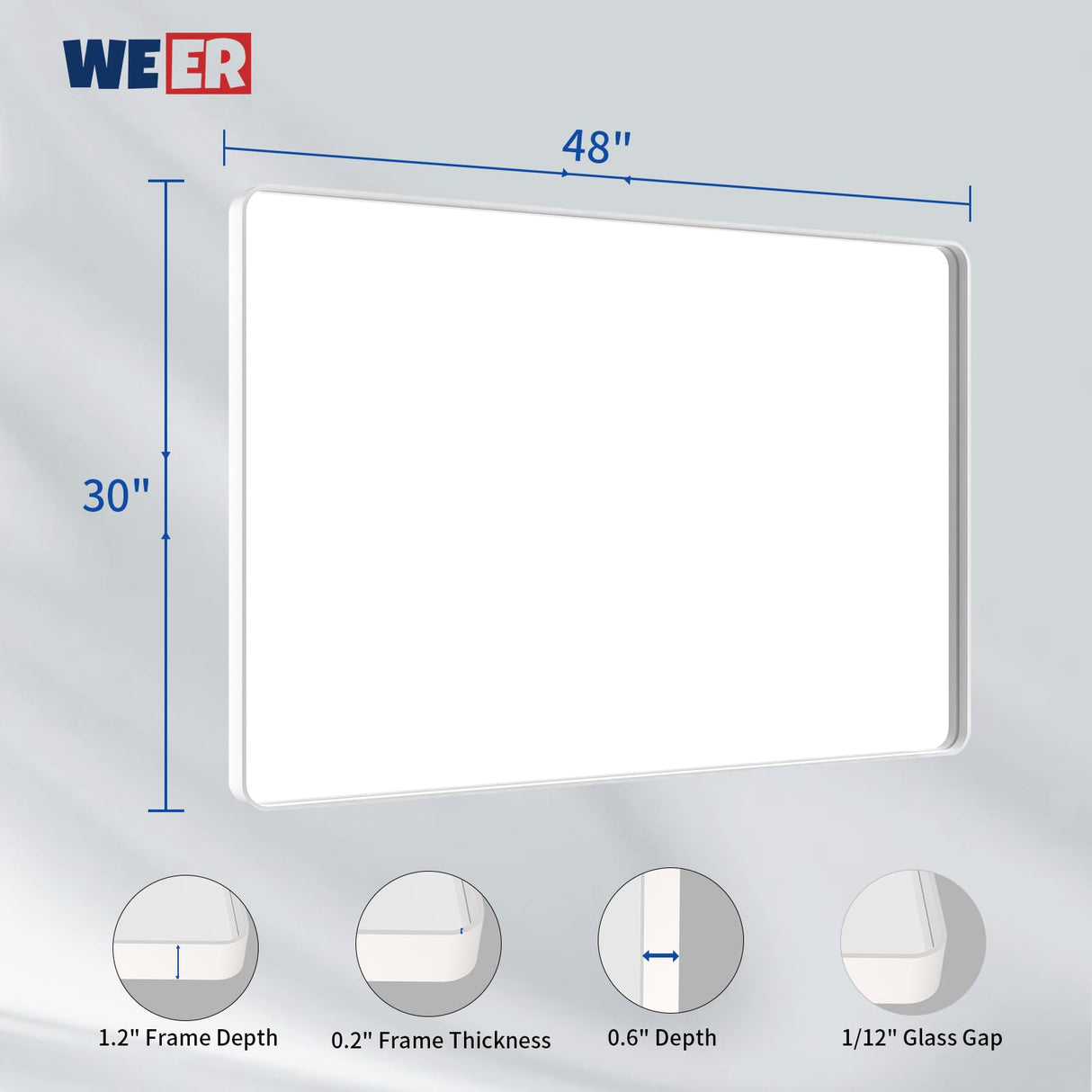 White Bathroom Mirror 48X30 Inch, Rounded Rectangle White Metal Frame Mirror,