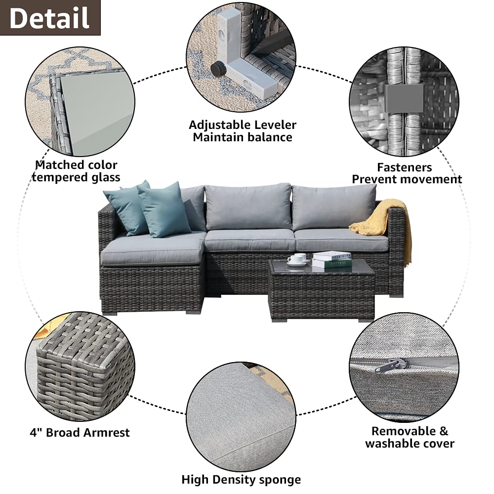 Outdoor Patio Furniture Set, Sectional Conversation All-Weather Grey PE Wicker