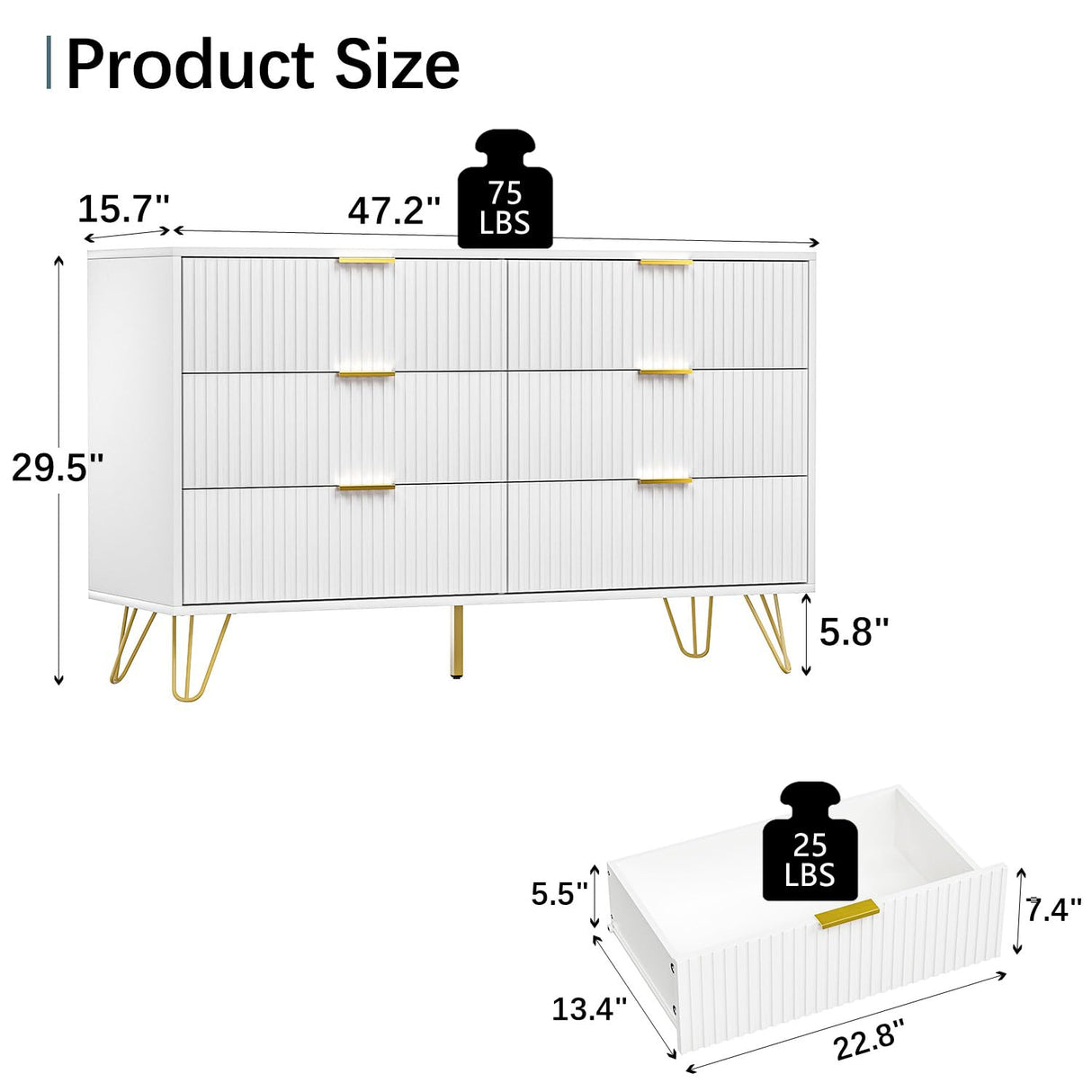 White Dresser, Modern 6-Drawer Dresser for Bedroom with Gold Handles