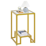 Glass Side Table, Tempered Glass Gold End Table with Shelf and Sturdy Metal Frame