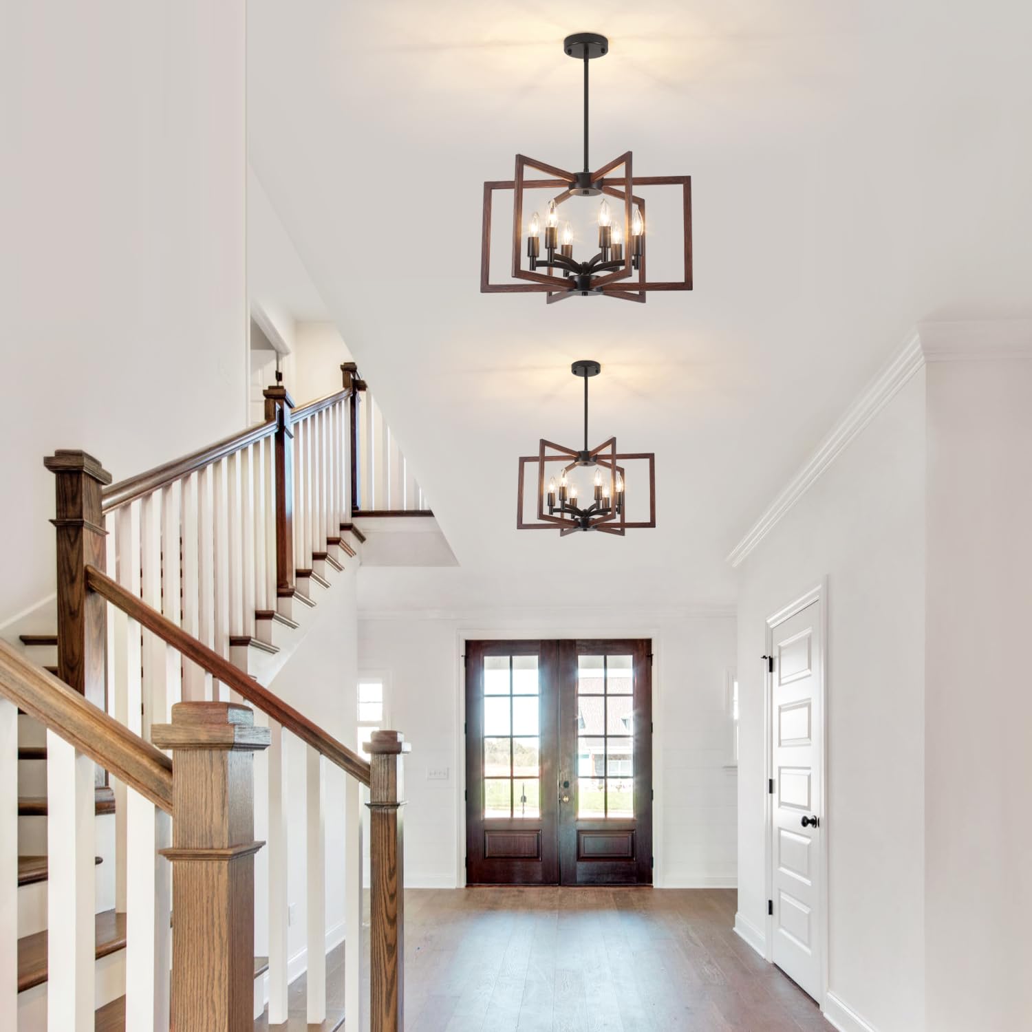 Chandelier Dining Room Light Fixtures,6-Light Kitchen Island Light Rustic Wood Grain