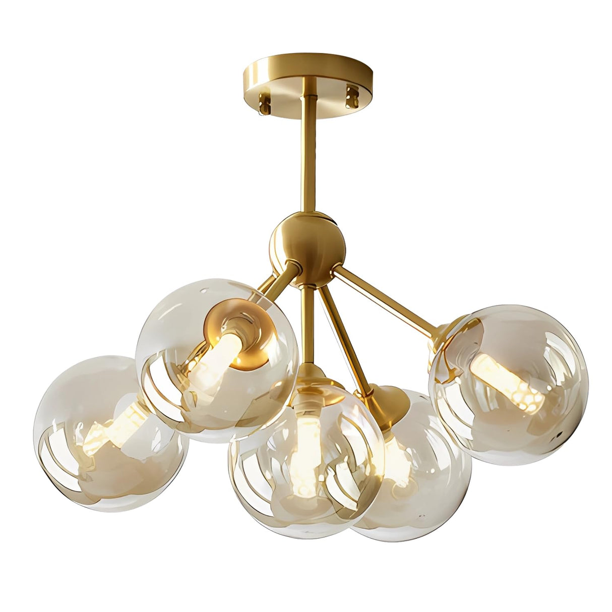 Lighting 5-Light Amber Glass Globe Chandelier Brush Gold Semi Flush Mount Ceiling Light