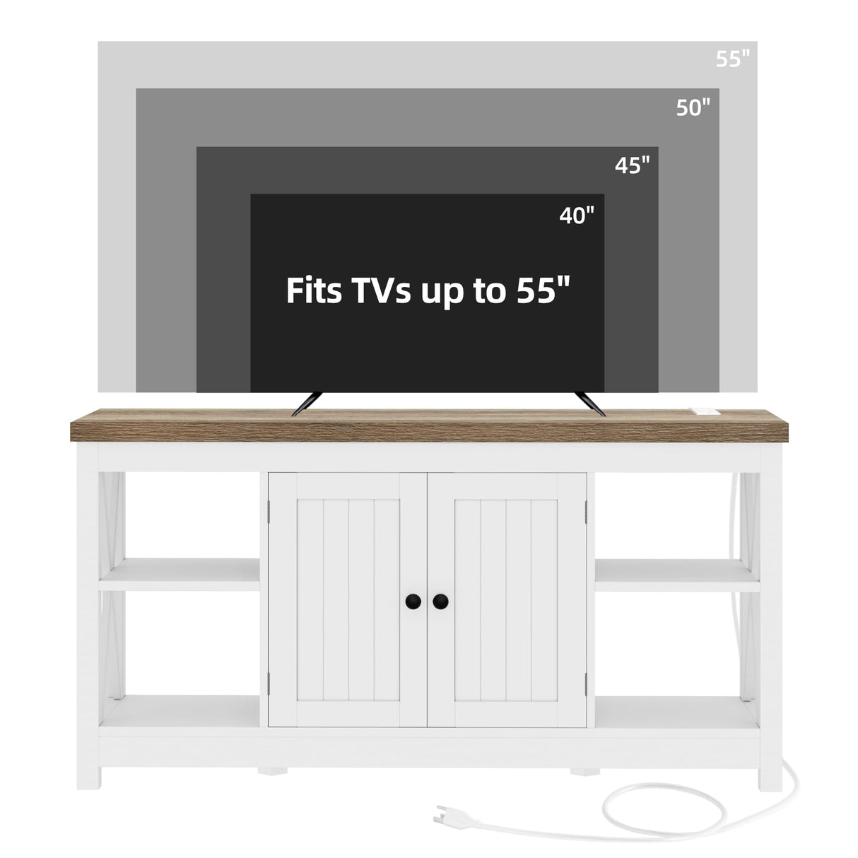 YITAHOME Farmhouse TV Stand for 55/50 Inch with Power Outlet, Mid Century Modern Entertainment Center with Storage and Adjustable Shelf, 47'' TV Table Media Console for Living Room, White & Grey Wash