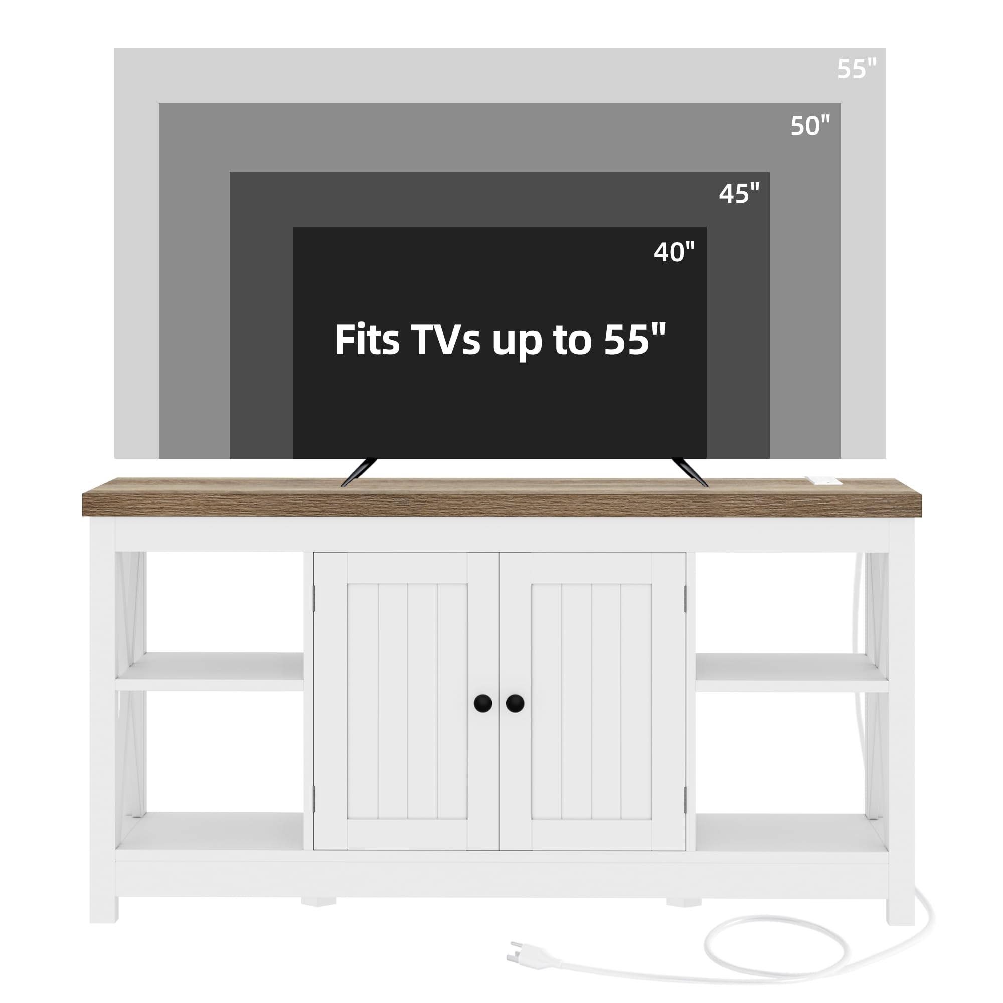 YITAHOME Farmhouse TV Stand for 55/50 Inch with Power Outlet, Mid Century Modern Entertainment Center with Storage and Adjustable Shelf, 47'' TV Table Media Console for Living Room, White & Grey Wash