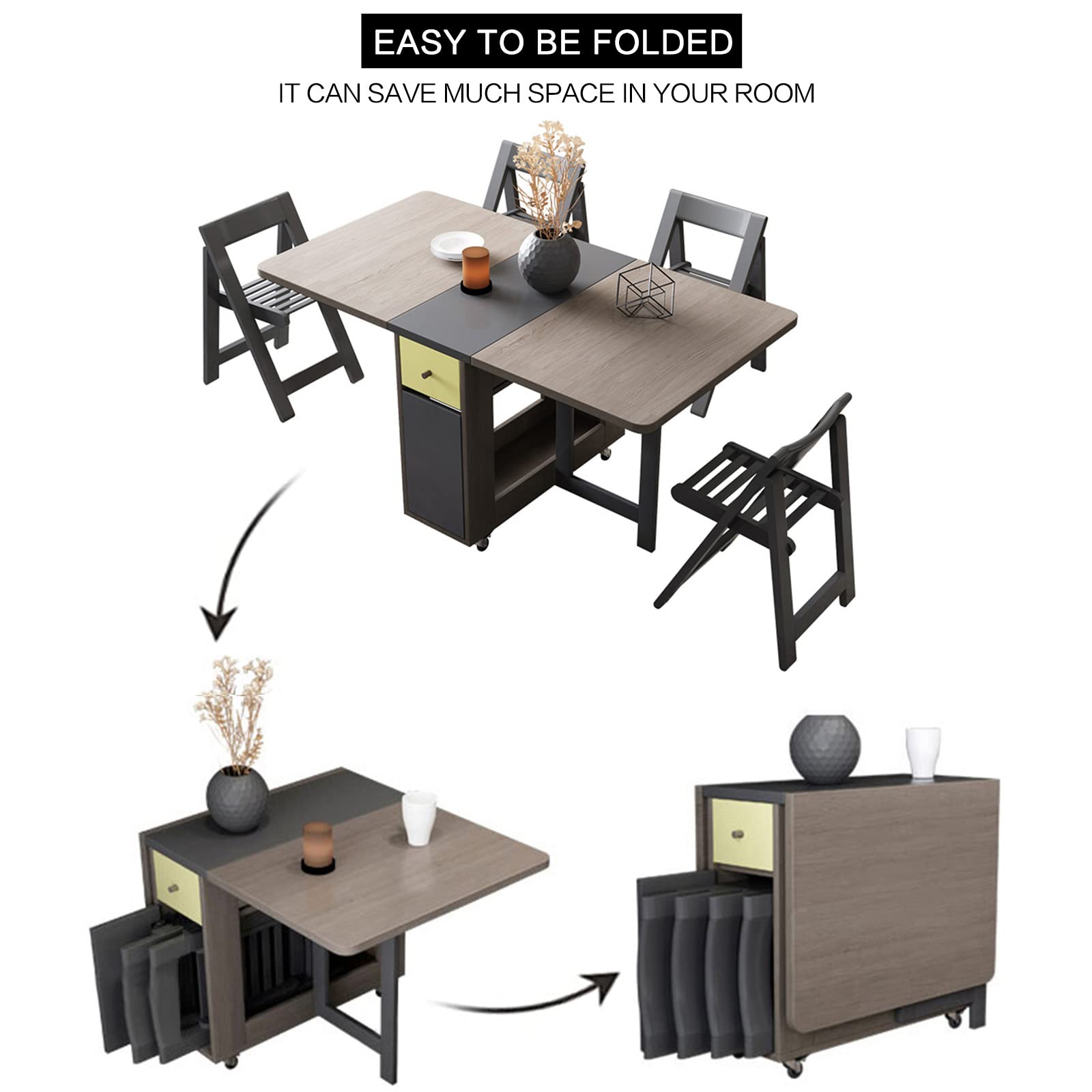 Folding Dining Table with Storage Rack and 2 Drawers