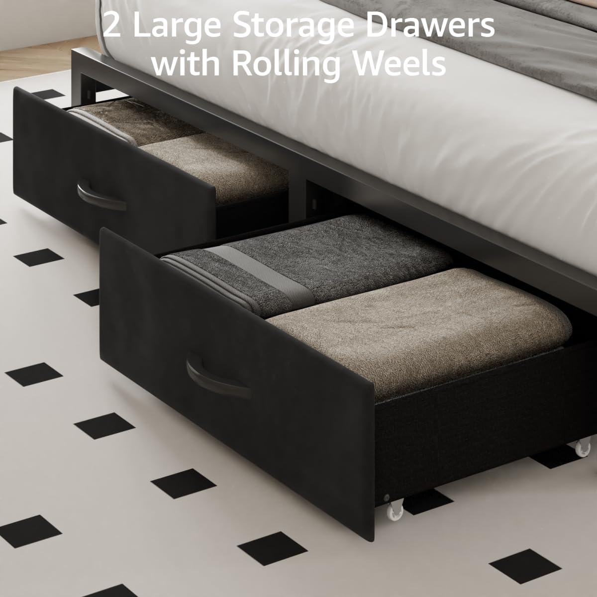 Full Bed Frame with Storage Headboard and LED Lights