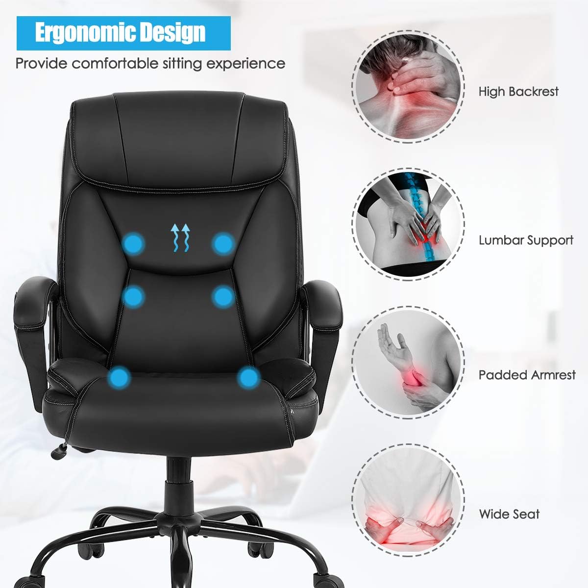 500 lbs Big and Tall Office Chair, Massage Executive Chair w/ 6 Vibrating Points