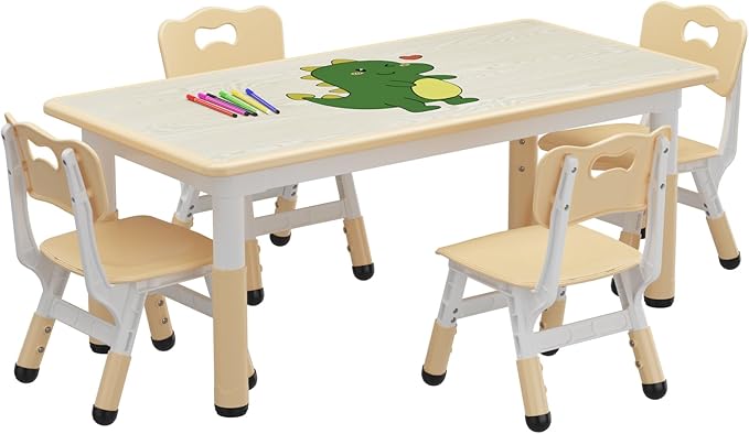 Table and 6 Chairs Set with Storage Box, Height Adjustable Toddler Table and Chair Set