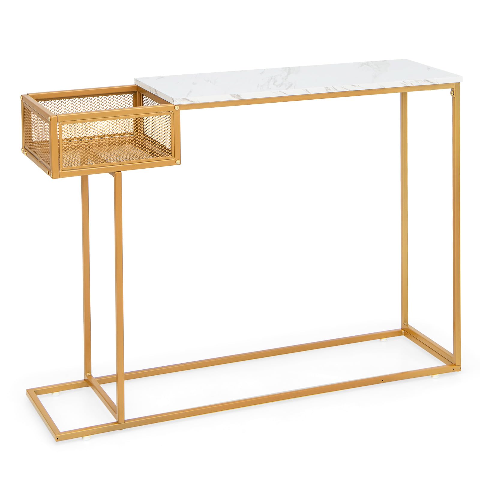 Console Table with Storage - Gold Sofa Table with Storage Basket, Sturdy Metal Frame,