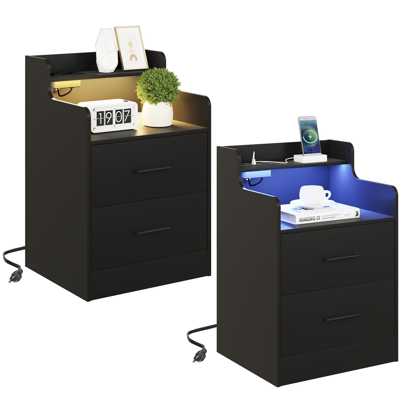 Night Stand Set of 2 with Charging Station, 15.7''Lx17.7''Wx26.8‘’H Modern Bedside Table