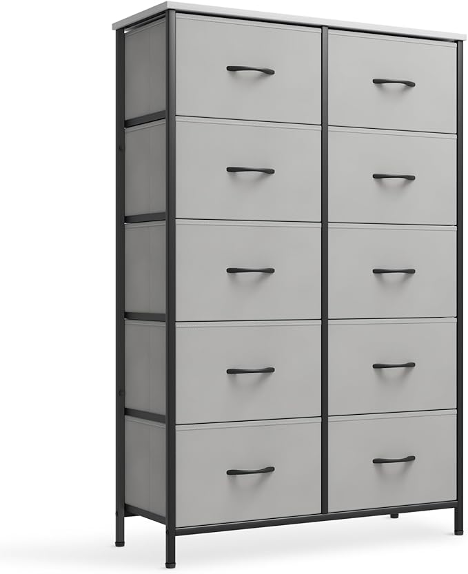 Tall Dresser with 10 Fabric Deep Drawers Metal Frame Storage Tower MDF Board Cabinet