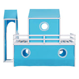 Twin Size Bunk Bed with Slide and Tent, House Shaped Loft Bedframe w/Curtains & Windows, Undereath Can be Playhouse, Funny Design for Kids, Toddlers, Blue