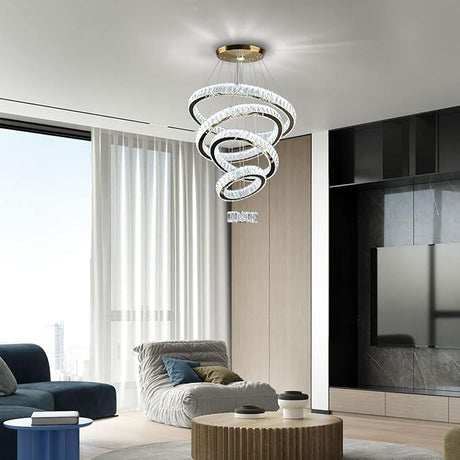 LED Big Crystal Chandeliers Modern 5 Rings Pendant Light Adjustable Ceiling Light