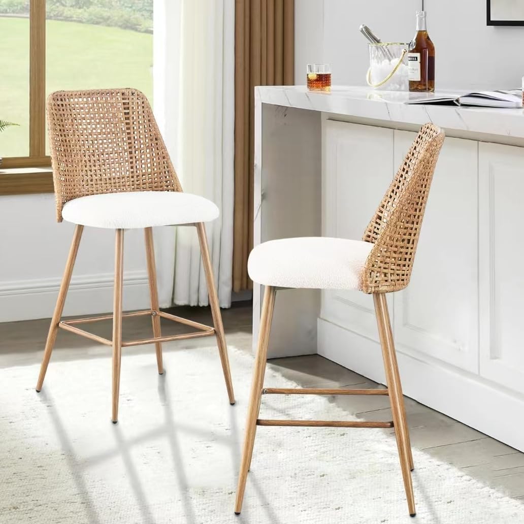 Rattan Bar Stools Set of 2, 26 Inch Seat Height Rattan Bar Stools Set of 2, Woven PE Rattan