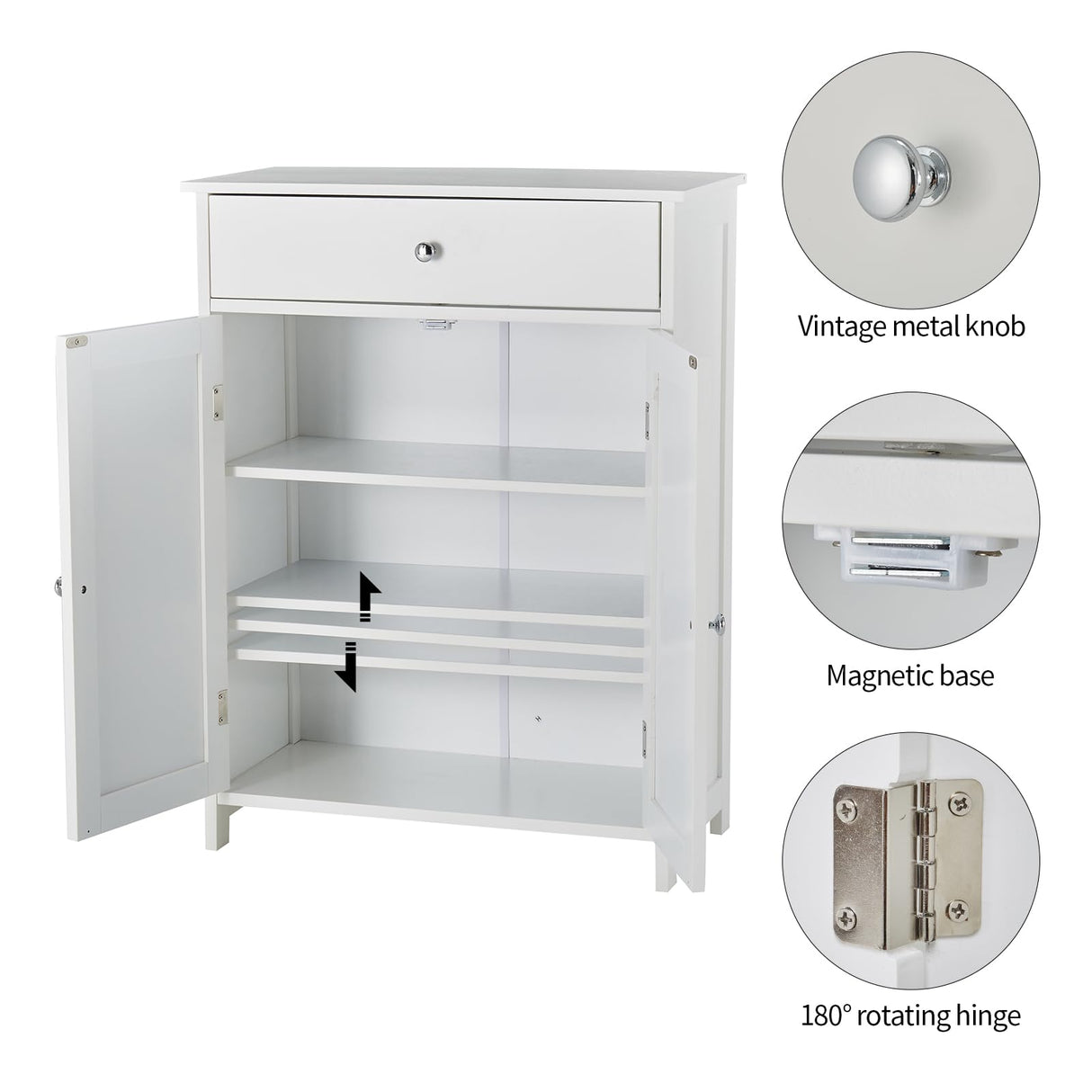 Storage Cabinet with Drawer,White Floor Bathroom Cabinets with Doors and Adjustable Shelf,