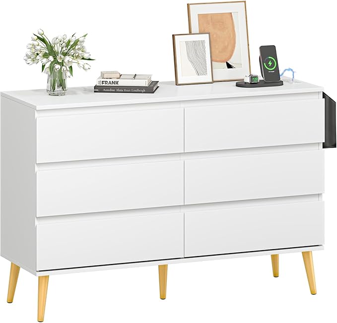 White Dresser with 6 Drawers, Modern Chest with Charging Station, Clothing Organizer