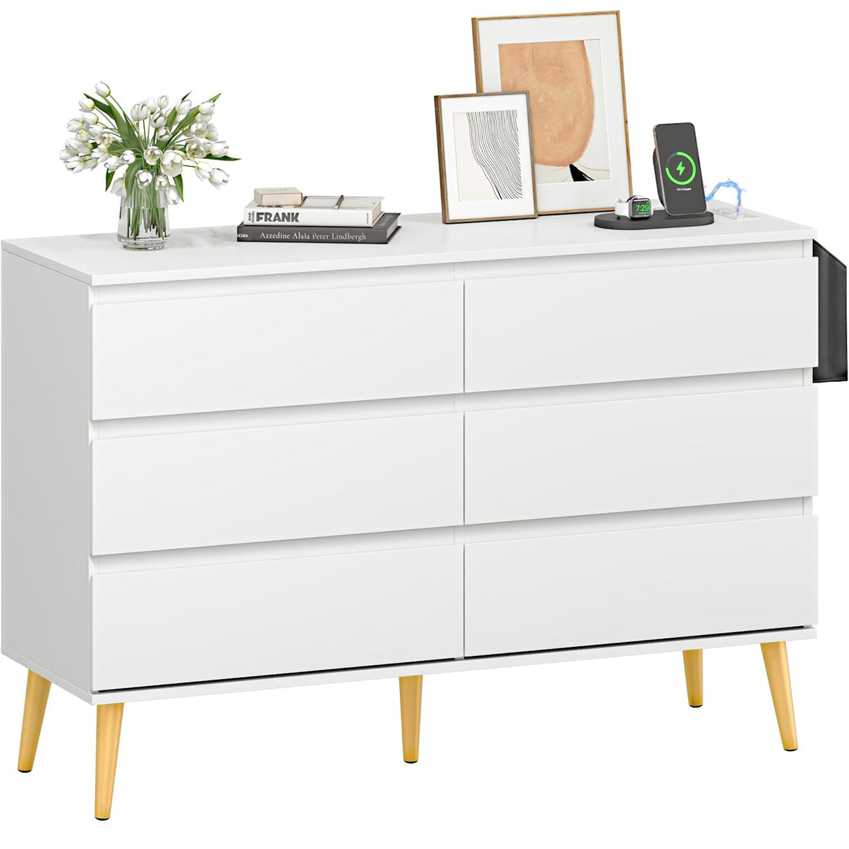 White Dresser with 6 Drawers, Modern Chest with Charging Station, Clothing Organizer