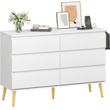 White Dresser with 6 Drawers, Modern Chest with Charging Station, Clothing Organizer