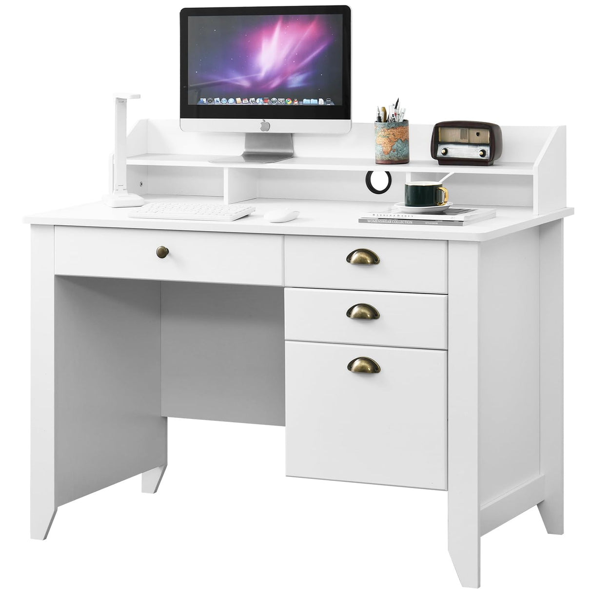 White Desk with Drawers, 47 Inch Home Office Computer Desk with File Drawers Student Girls Desks Teens Writing Table with Hutch, Small Desk with Drawer for Bedroom, White